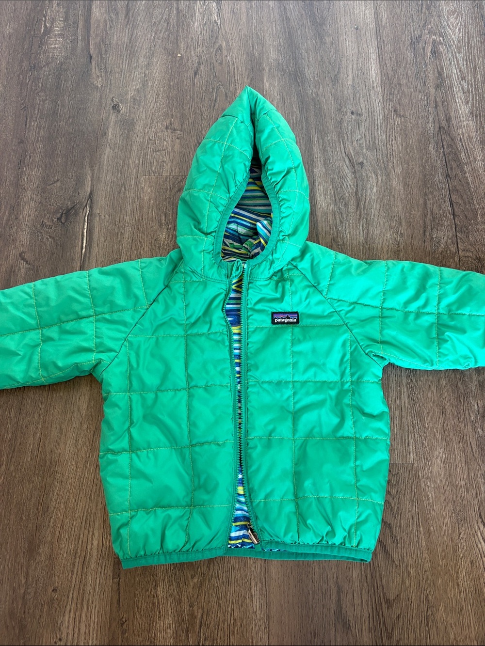 Patagonia Bright Green Reversible Quilted Hooded Kids Jacket
